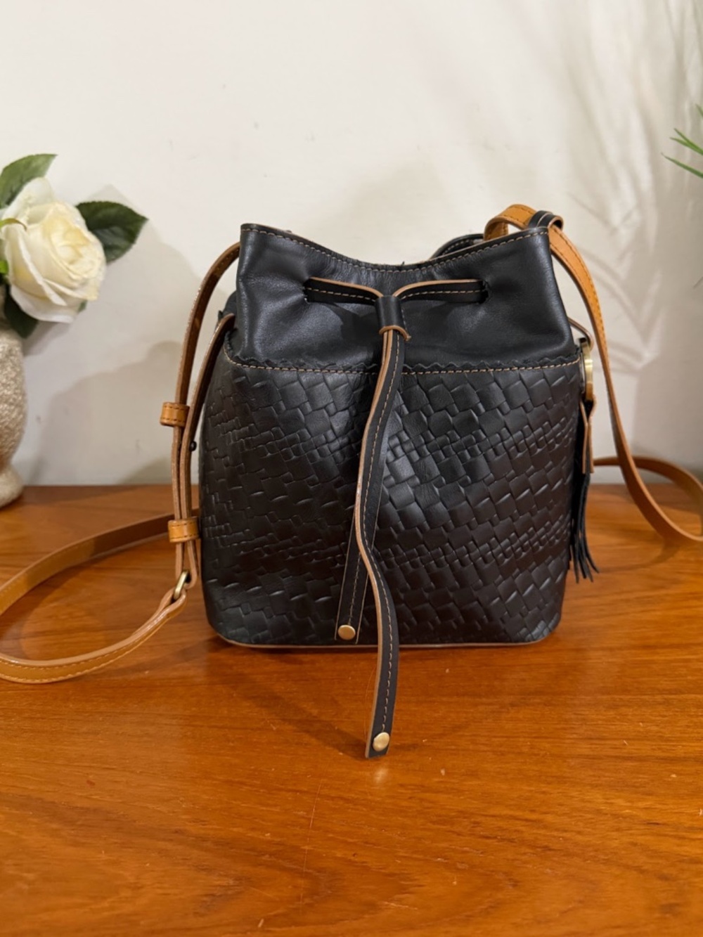 Lodis Rodeo Blake Woven & Smooth Black Leather RFID Crossbody Bag